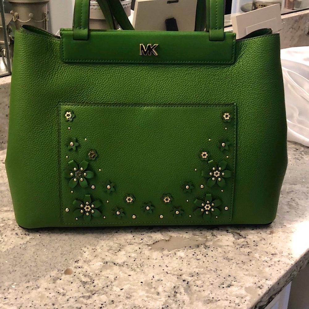 SOLD NWT$338 Authentic MICHAEL KORS Green Floral Handbag Purse Satchel - Picture 3 of 15